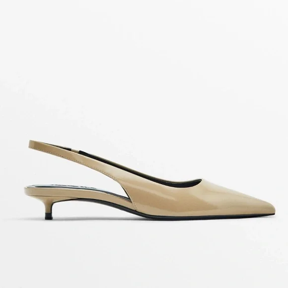 Massimo Dutti Heeled slingback pointed beige nude/ sandals kitty heel - Picture 2 of 11